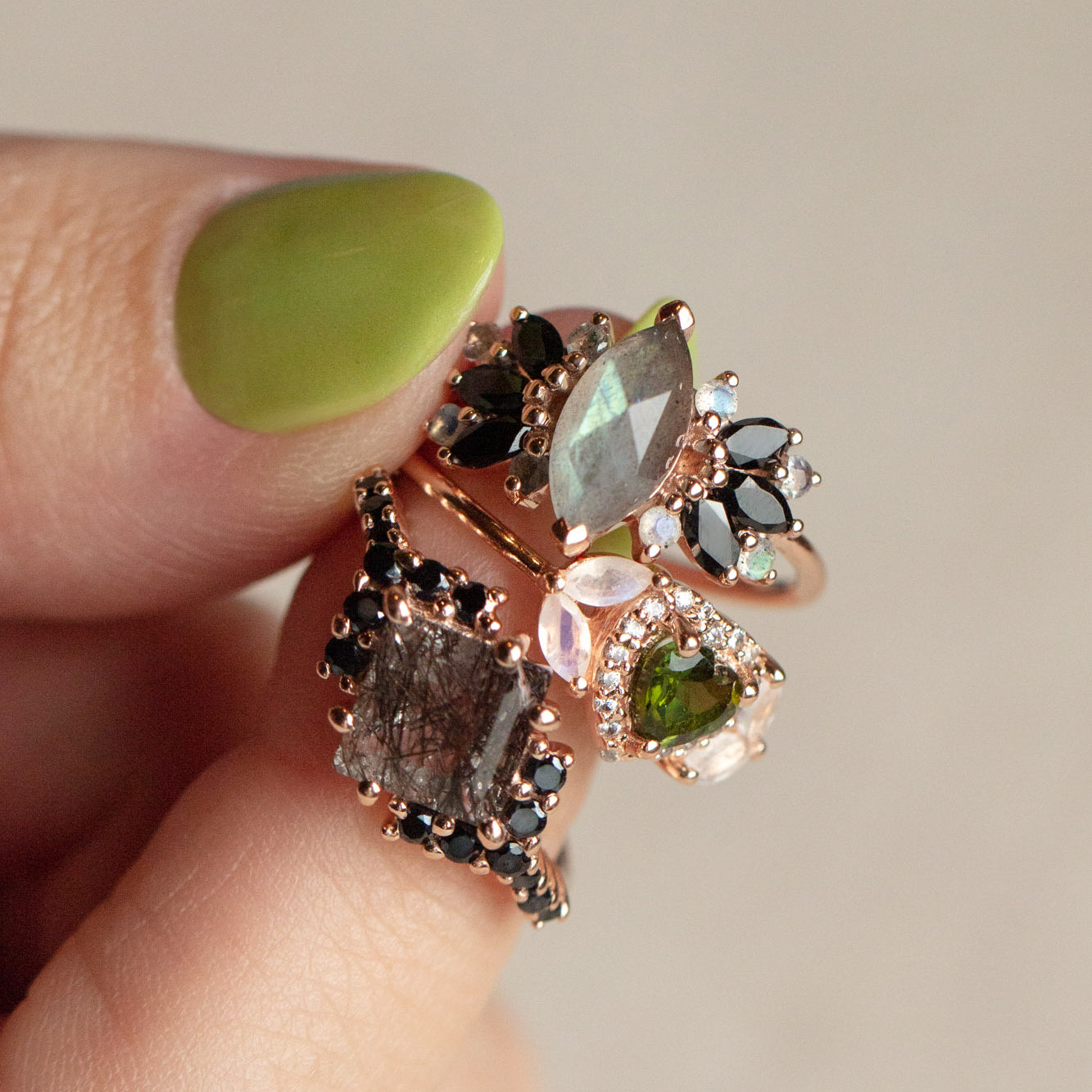 Rose Gold Green Topaz Moonstone and Diamond Love Ring