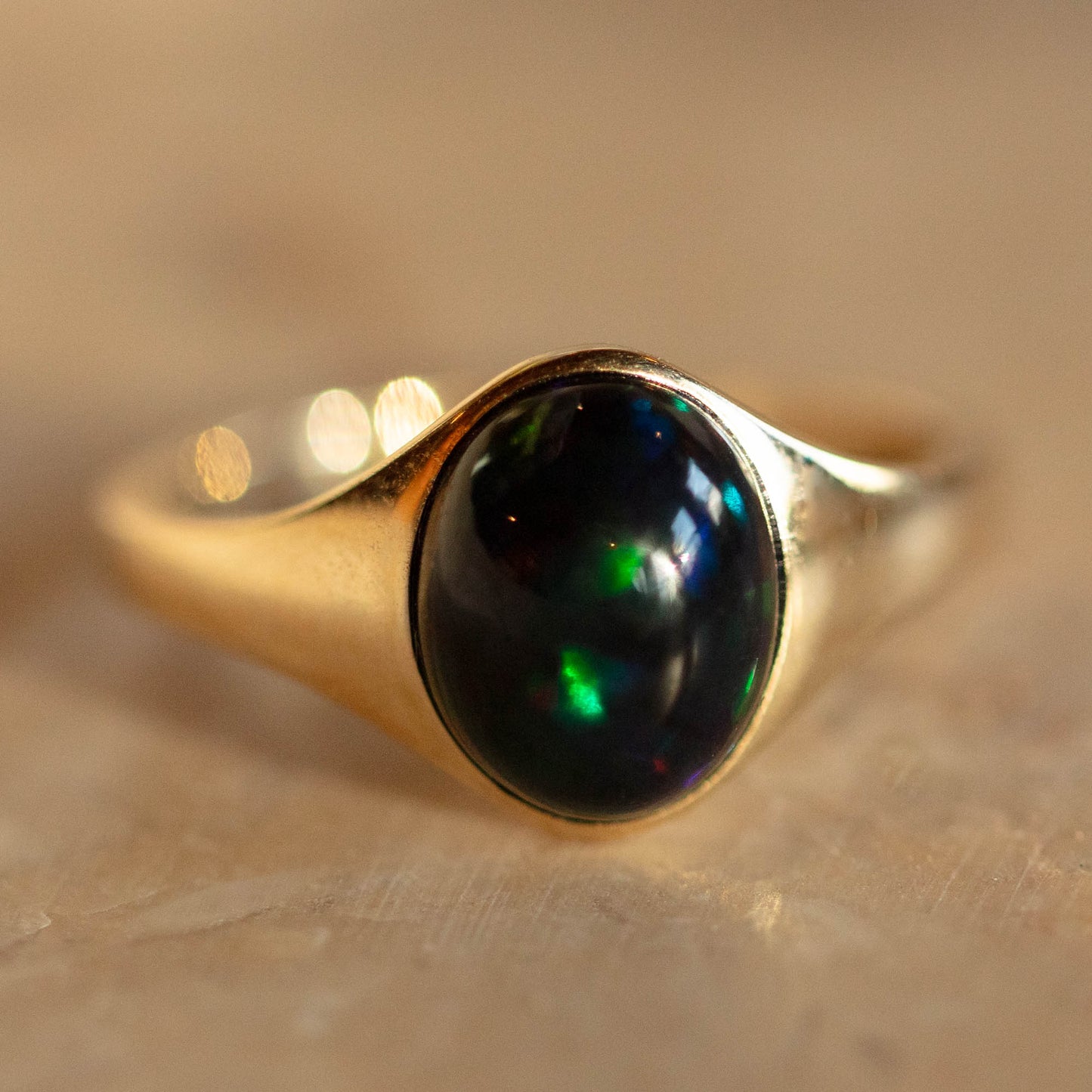 Solid Gold Black Opal Aura Signet Ring