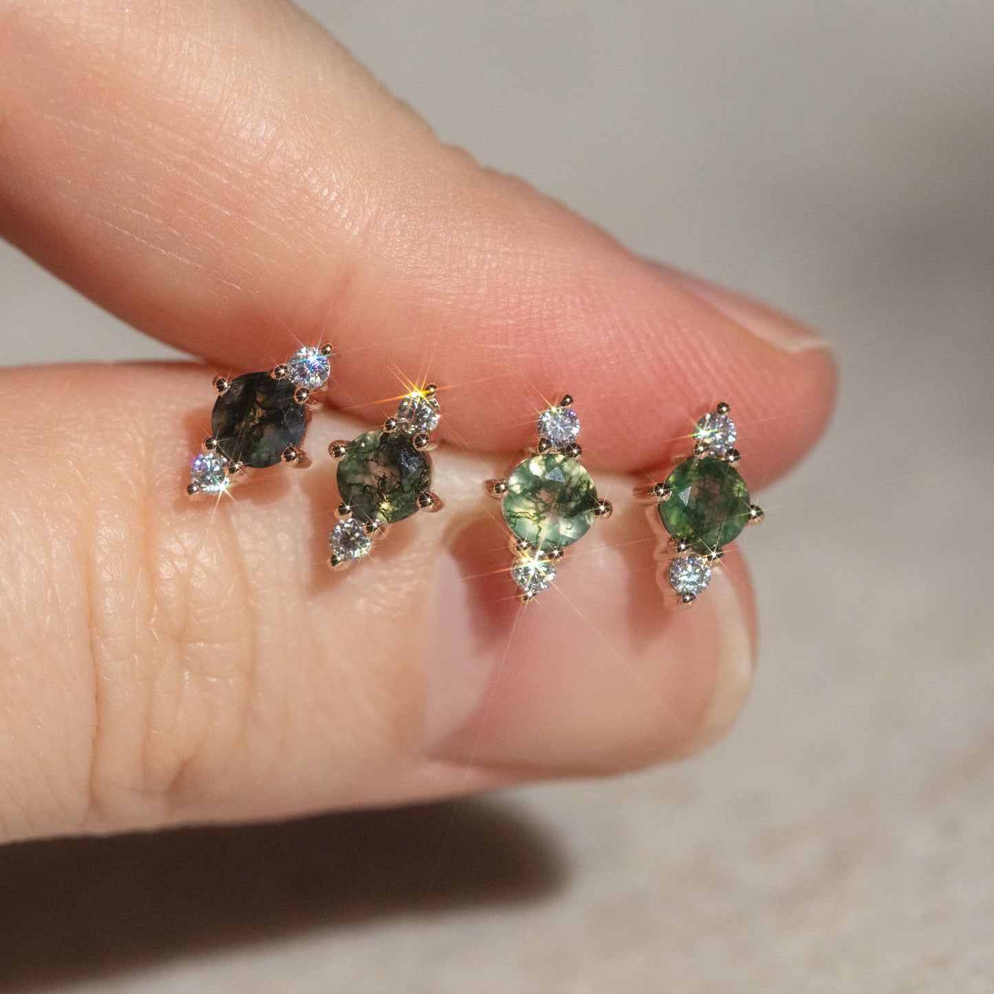 14kt Rose Gold Moss Agate and Moissanite Triage Stud Earrings