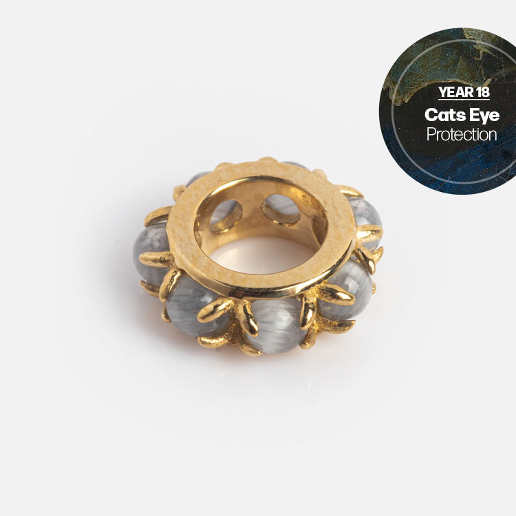 The Solid Gold Anniversaire Charm is a round gold ring adorned with gray cat’s eye stones around its edge, featuring a circular YEAR 18 Cats Eye Protection label—an elegant milestone jewelry piece.