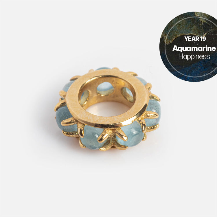 The Solid Gold Anniversaire Charm features oval aquamarine stones encircling the band, perfect for milestone celebrations. A Year 19 Aquamarine Happiness graphic appears on a blue marbled background in the top right corner.