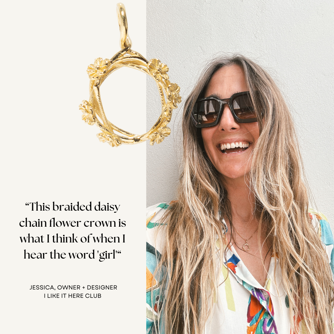 A smiling woman with long, wavy hair wears a colorful shirt and sunglasses. Beside her is Charms by I Like It Here Club—a gold braided daisy chain flower crown charm, 12k yellow gold plated, praised by Jessica, the owner and designer.