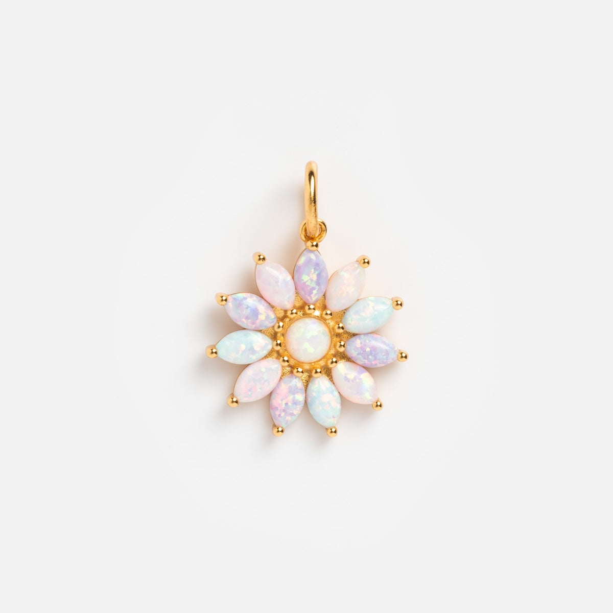 The Charms by La Kaiser pendant features marquise-cut lab-created opal charms surrounding a central round opal, all set in 18k gold vermeil, forming a daisy shape.