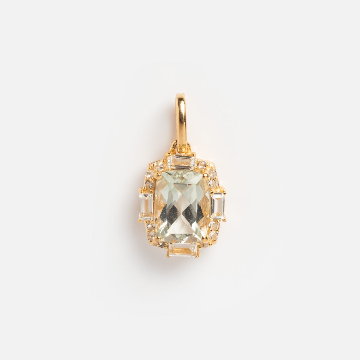 The Vintage Inspired Pendant Charm features a large rectangular faceted clear gemstone surrounded by smaller stones in a decorative gold frame, complete with a loop for attaching to your favorite chain.