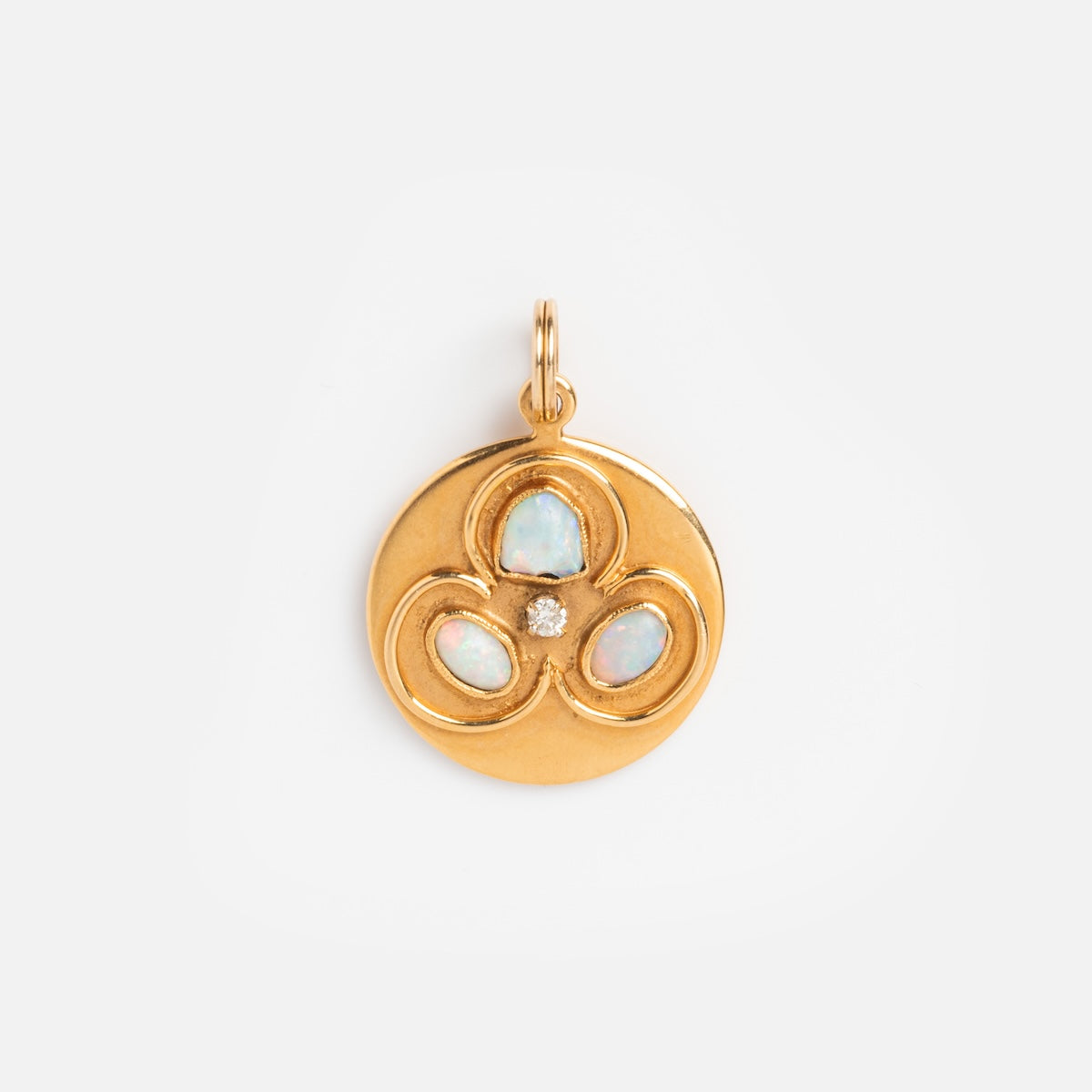 The Vintage 14k Abstract Opal Coin Charm features three oval opals in a clover design around a central diamond, set in round gold and photographed on a plain white background.