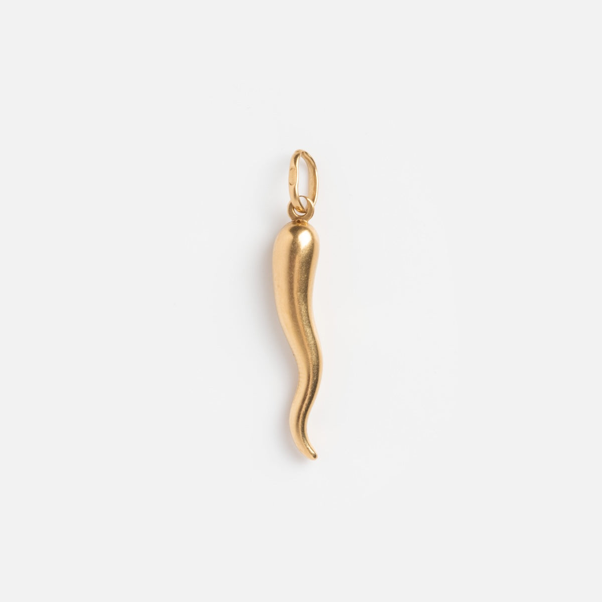 The Vintage 18k Large Italian Horn Charm is an elongated, smooth gold pendant shaped like a chili pepper for protection, featuring a top loop for attaching to a necklace. Presented on a plain white background.