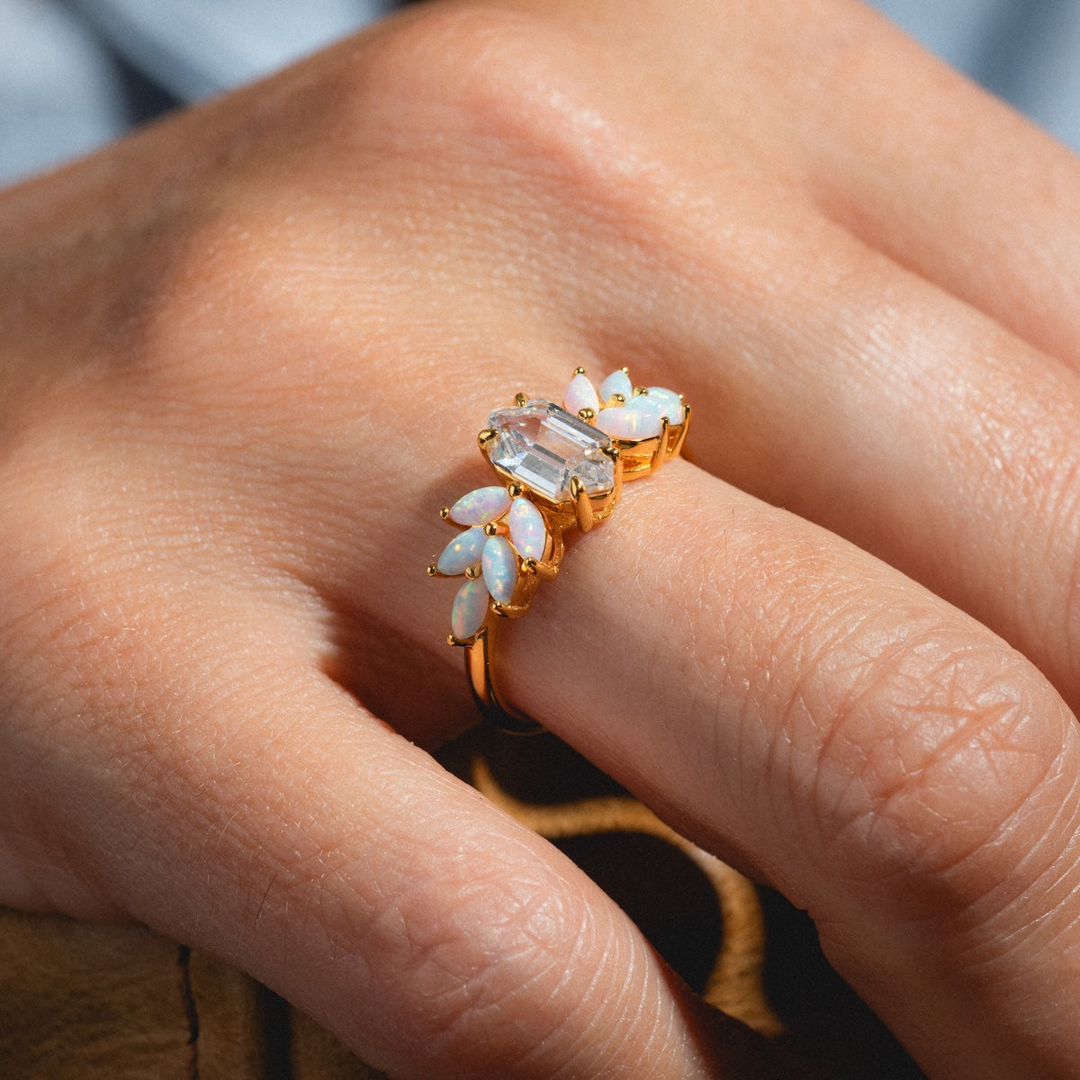 Pink Opal Ombre and Topaz Lotus Ring