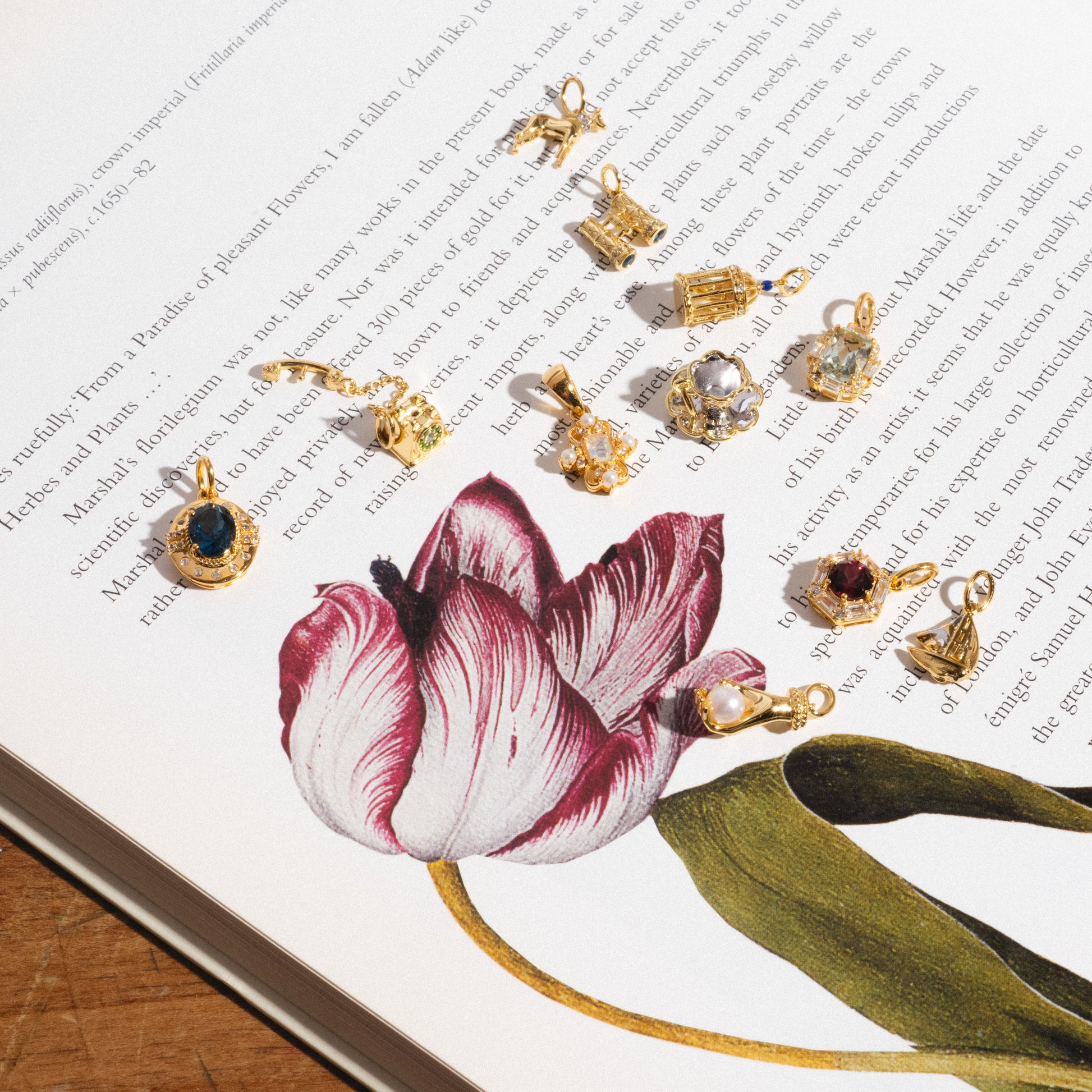 The Vintage Inspired Trinket Charm is beautifully displayed on an open book with a red and white tulip illustration, highlighted by natural light.