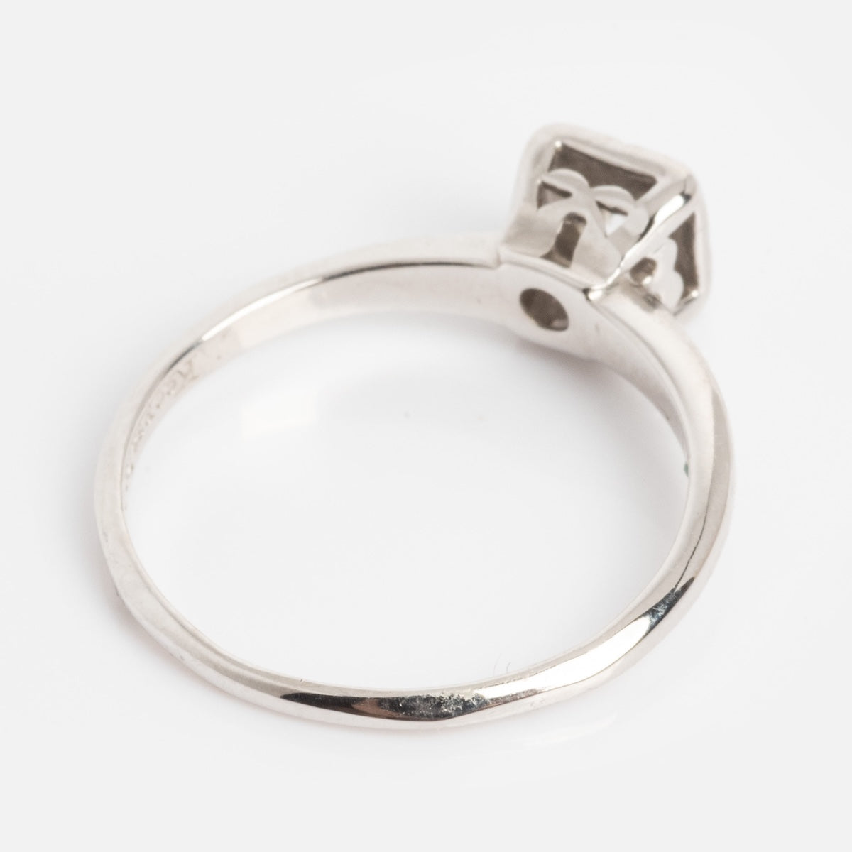 Vintage 14k 1940’s White Gold Square Set Diamond Ring, size 7, with a simple band and elevated openwork square setting, photographed on a white background.