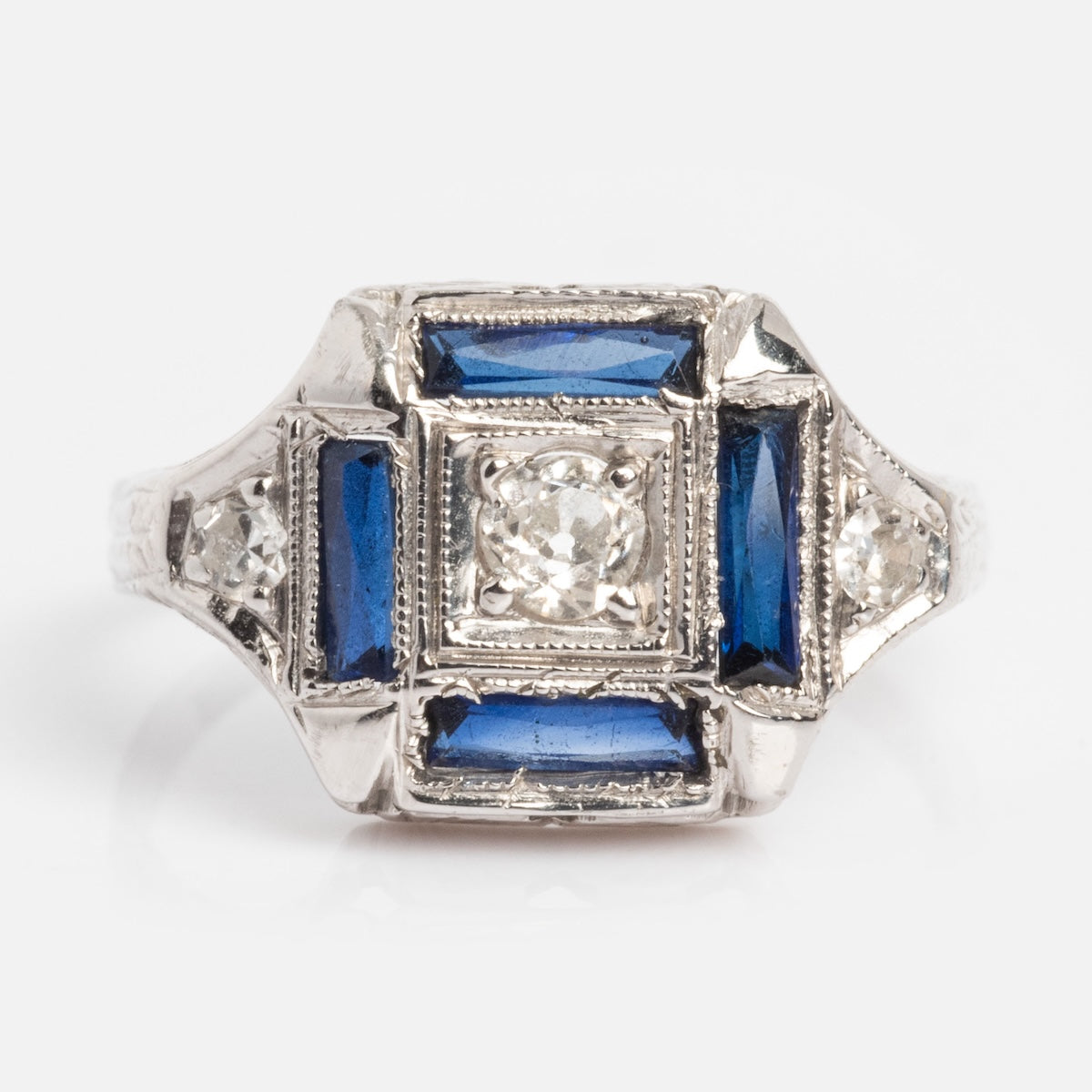 Vintage Belais 18k White Gold and Blue Sapphire Cocktail Ring Size 5.5