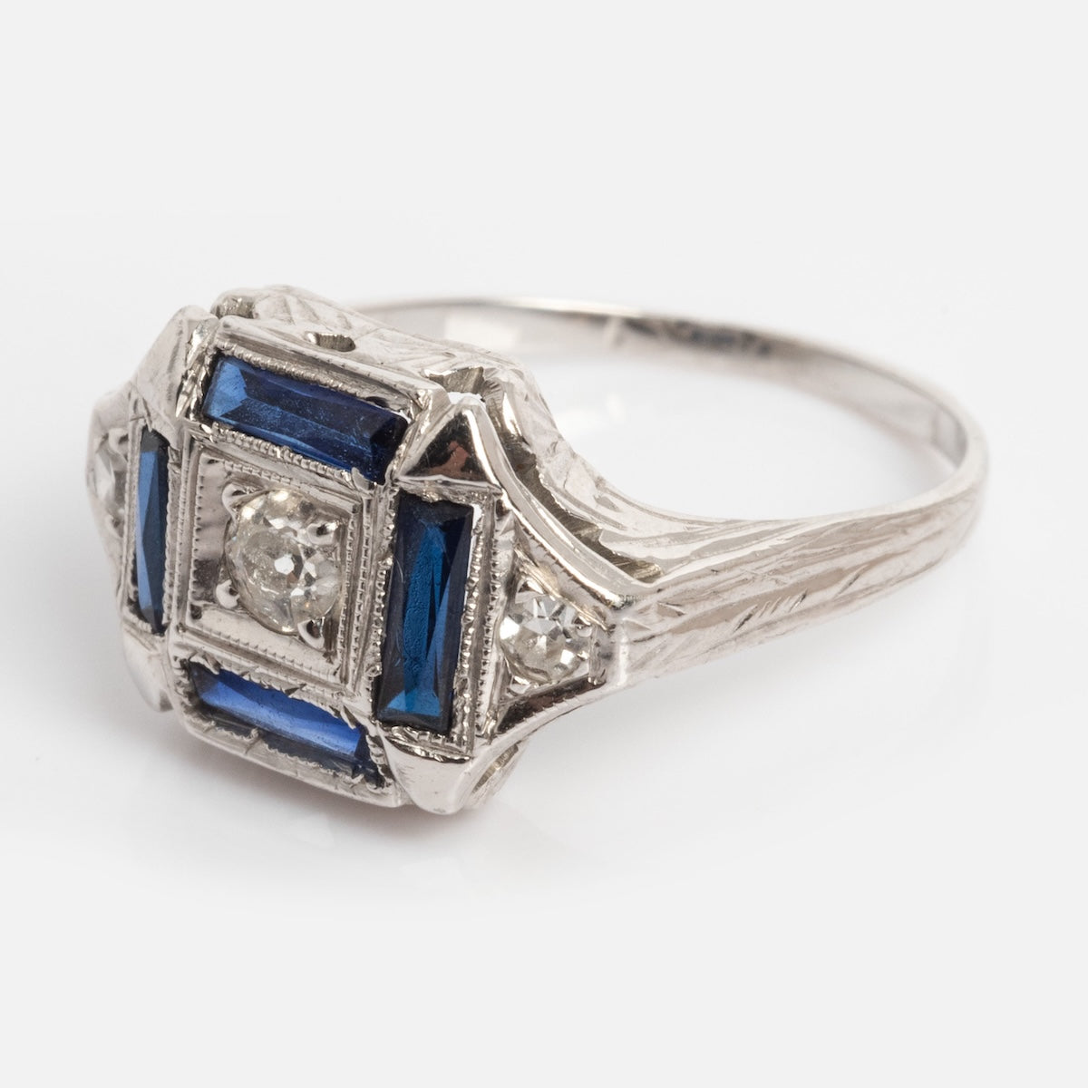 Vintage Belais 18k White Gold and Blue Sapphire Cocktail Ring Size 5.5