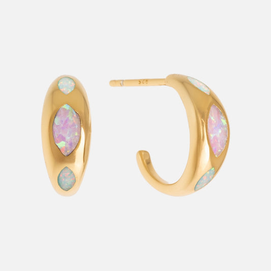 Caribbean Opal Hoops in 18k yellow gold vermeil feature marquise and teardrop-shaped opal accents with iridescent pastel hues, displayed against a plain white background.
