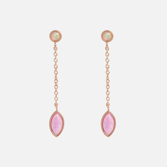 The Rose Gold Opal Dew Drop Studs feature a small round opal stud paired with a delicate chain ending in a marquise-shaped pink gemstone.