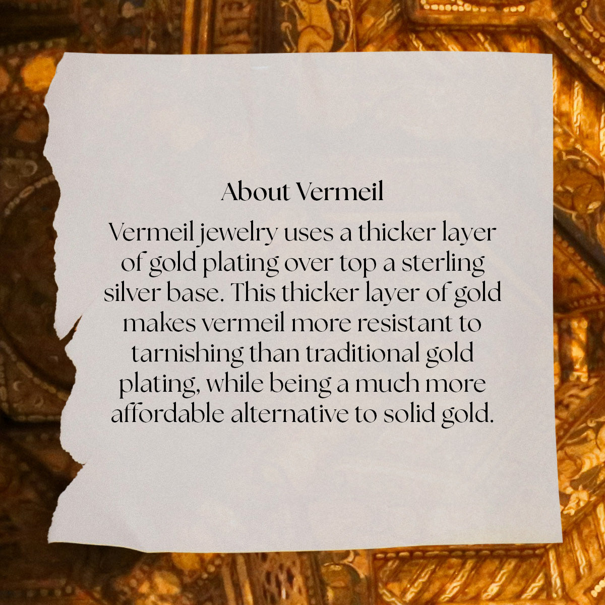 A torn paper with text about the 2026 January Garnet Capsule Set with Free Gift rests on a gold ornate background, explaining that vermeil is thick gold over sterling silver for greater durability than regular gold plating.