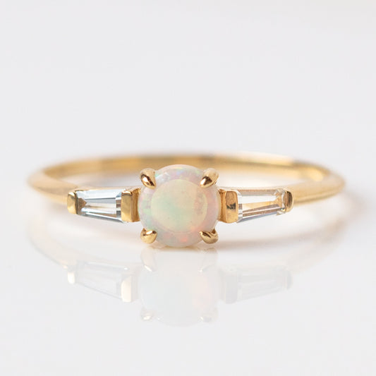 Solid Gold 14k Australian Opal and White Topaz Ring Sample Size 7