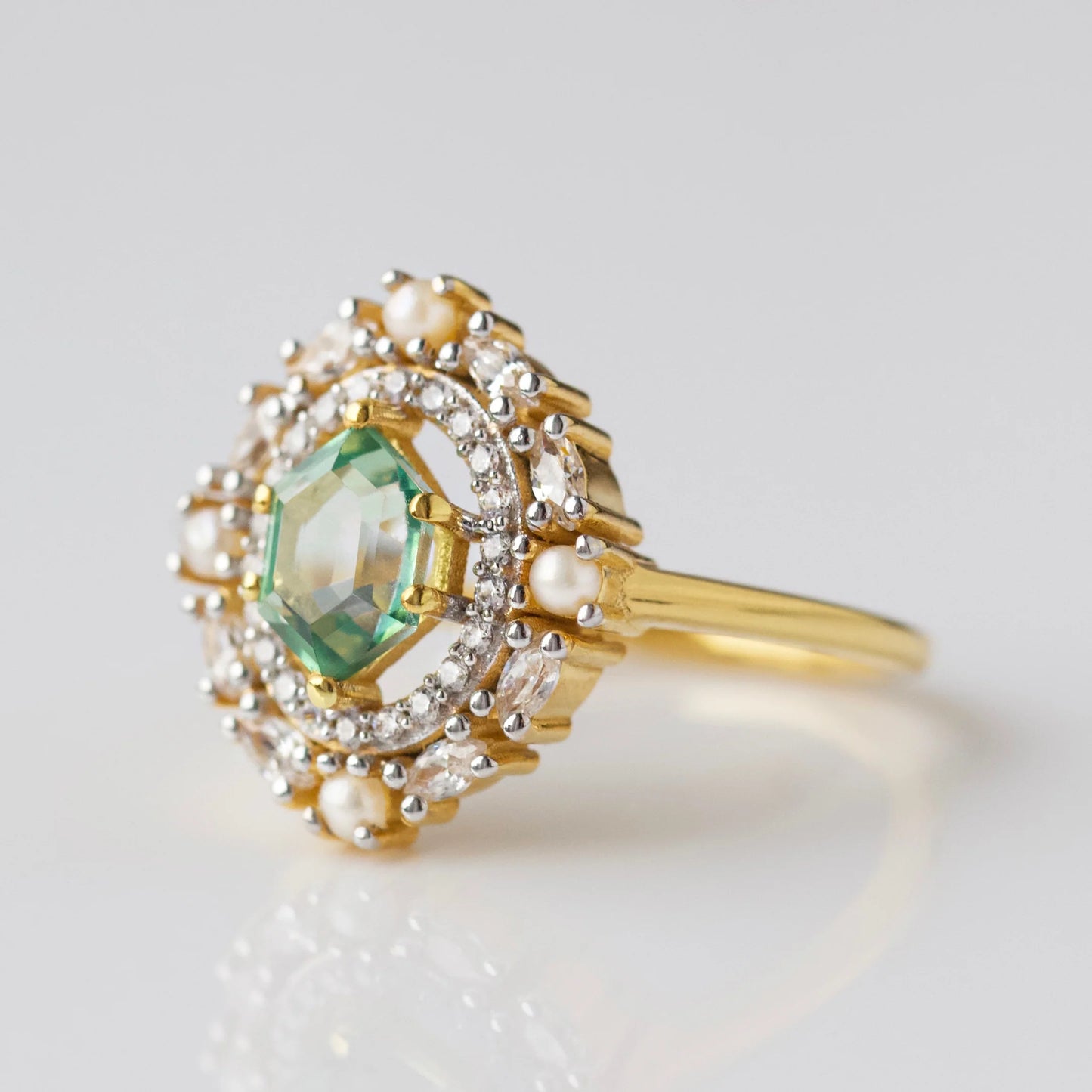 Fern Green Topaz Statement Ring with Pearl Halo
