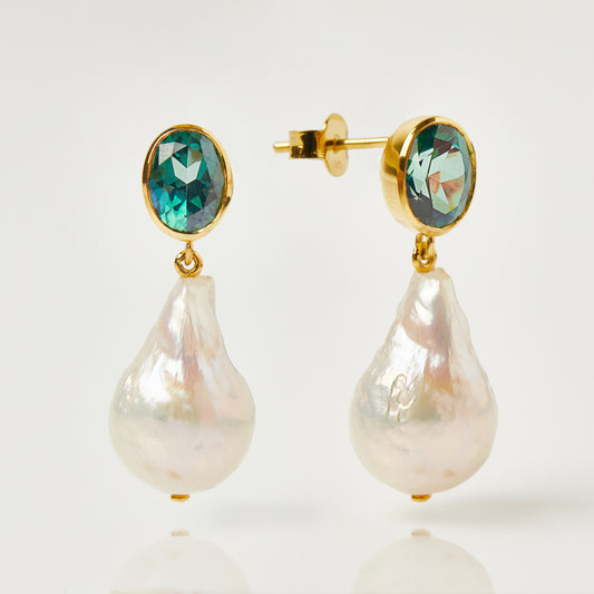 Baroque Pearl and Green Topaz Drop Earrings