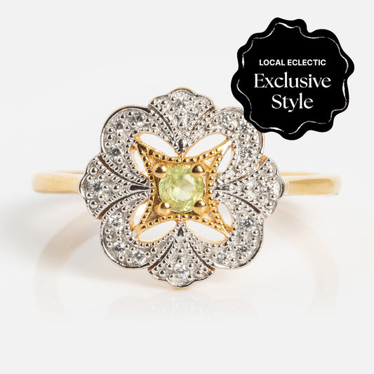 Gold and silver ring with a green gemstone on a white background, featuring 'Local Eclectic Exclusive Style' text.