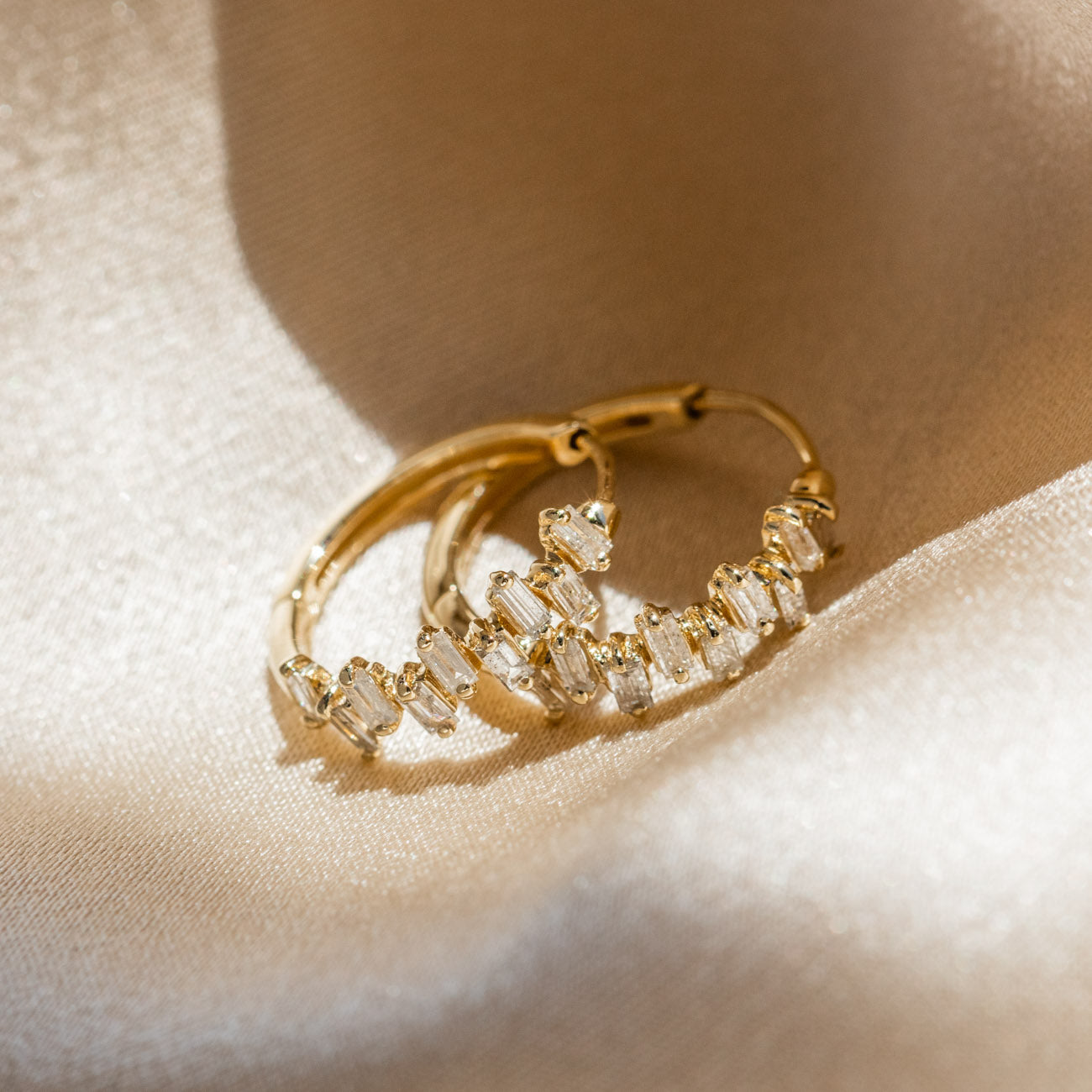 Solid Gold Diamond Baguette Huggie Hoops