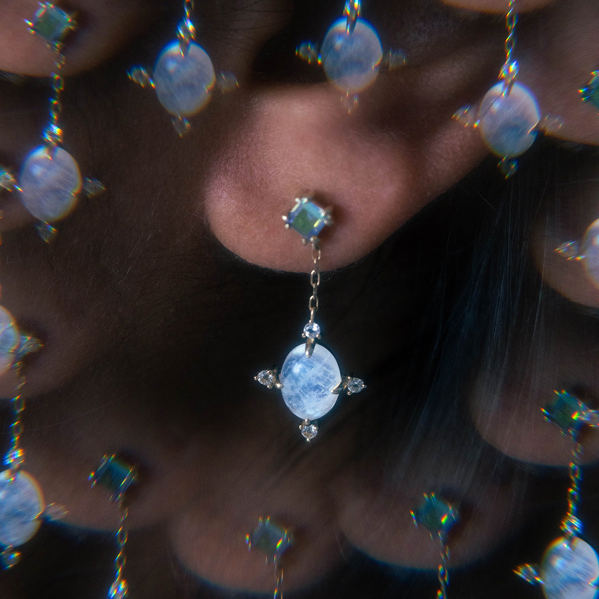 Solid Gold Crystal Ball Moonstone Drop Earrings