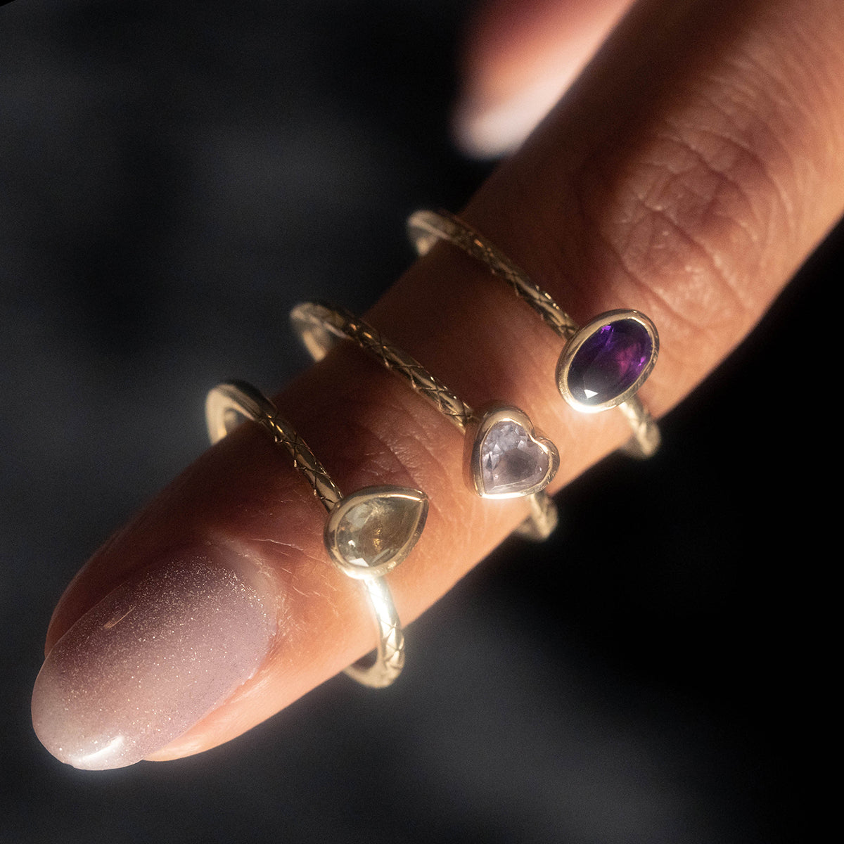 Solid Gold Amethyst Trio Ring Set