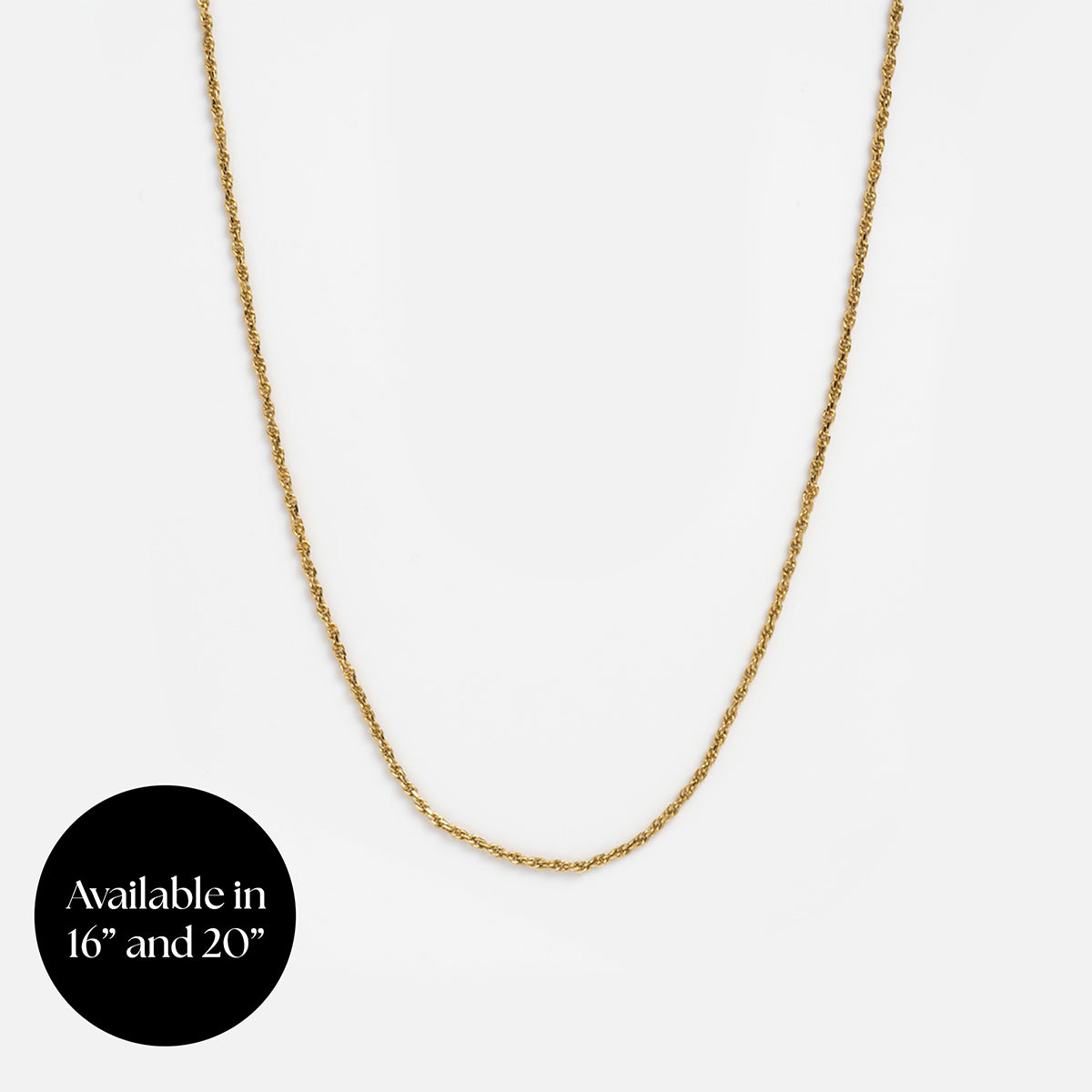 A delicate gold plated Chain For Charms necklace displayed on a white background. A black circle in the lower left corner reads: Available in 16” and 20”.