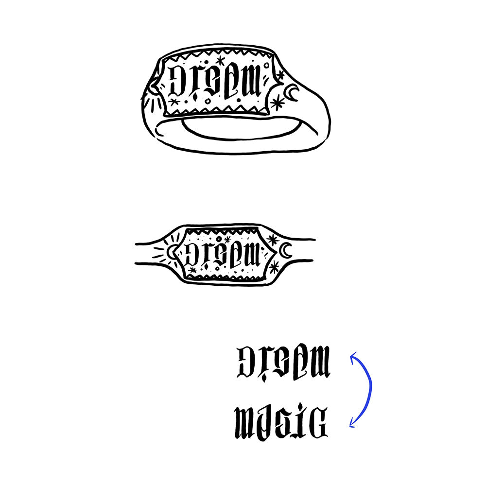 Ring design sketches with 'Dream' and 'Magic' text on a white background