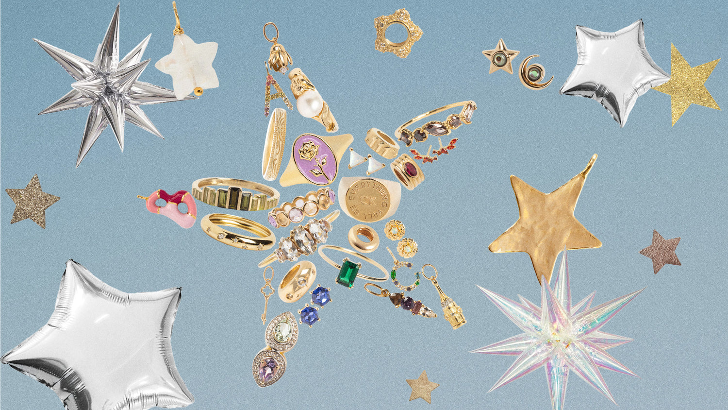 Collection of gold, silver, and gemstone jewelry on a blue background with star-shaped decorations.