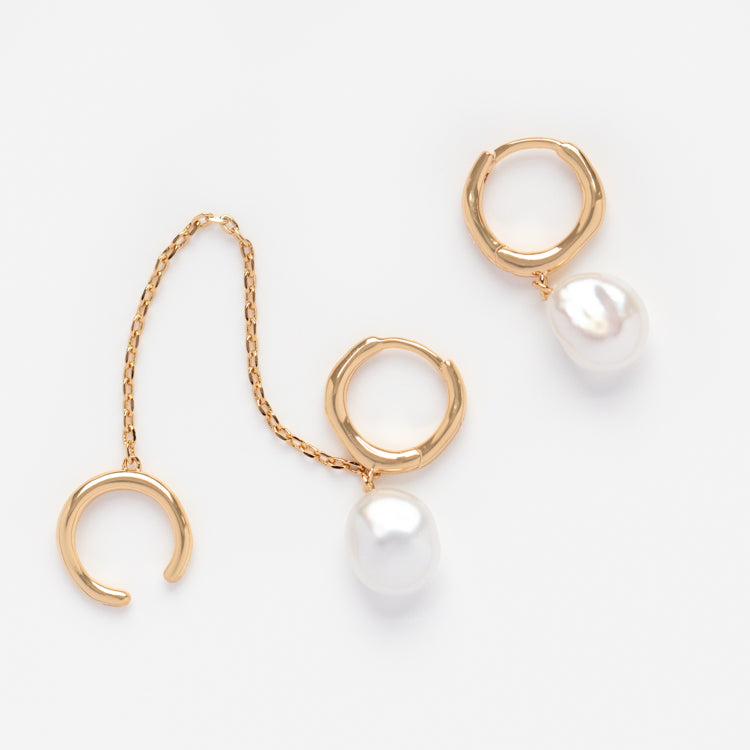 Baroque Pearl Huggie Earrings with Ear Cuff