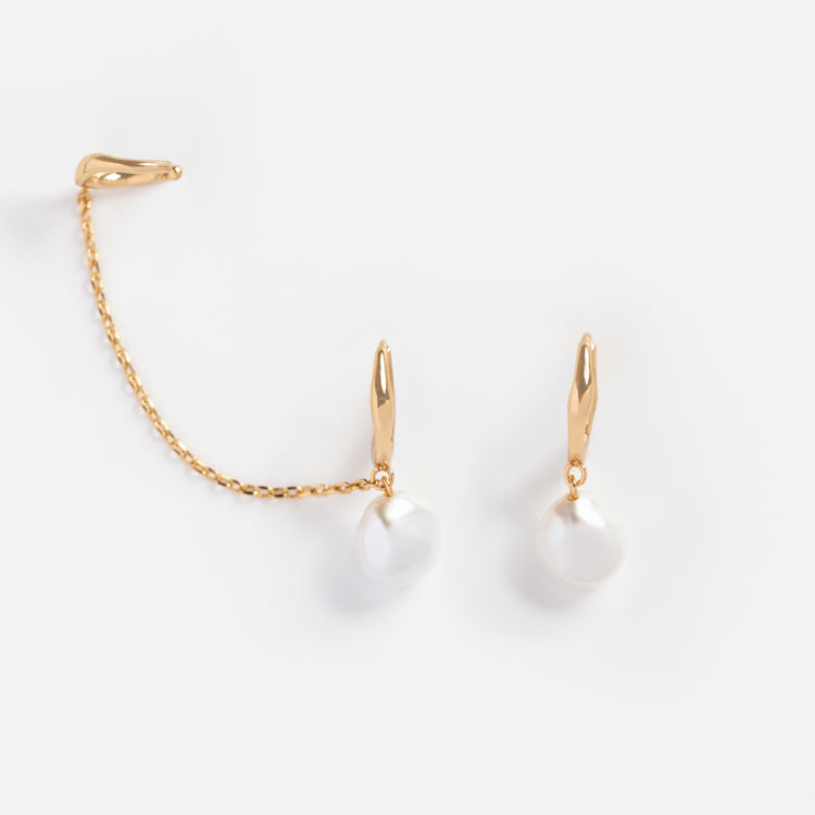Baroque Pearl Huggie Earrings with Ear Cuff