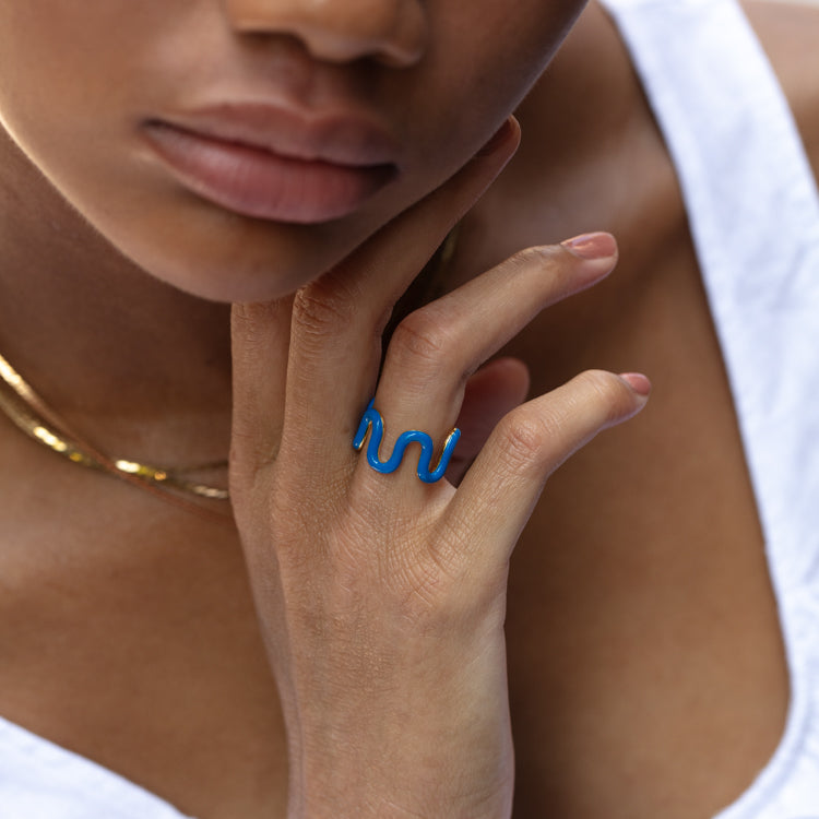 Limited Edition 10th Birthday Enamel Wave Ring in Denim Blue