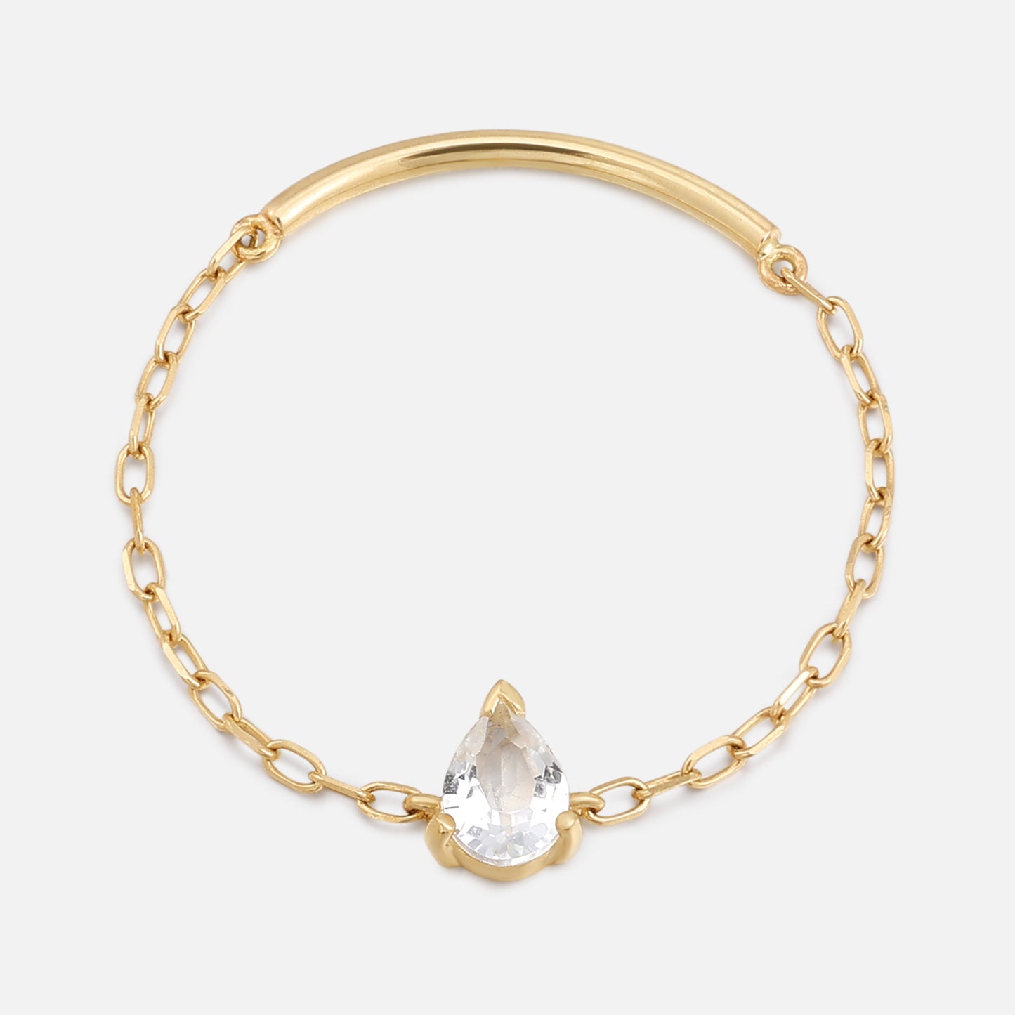 Solid Gold White Topaz Pear Chain Ring
