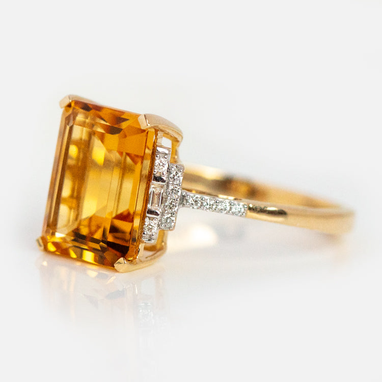 14k Solid Gold Citrine and Diamond Deco Ring