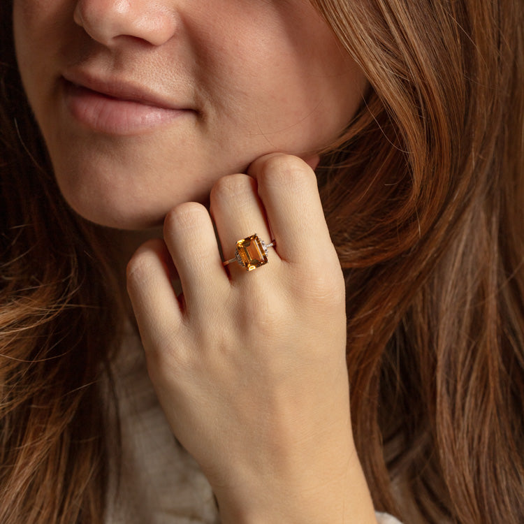 14k Solid Gold Citrine and Diamond Deco Ring