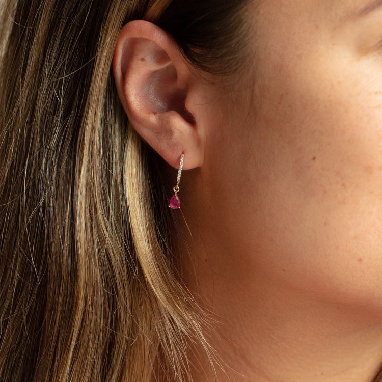 Solid Gold July Capsule Ruby Charm Huggie Hoops