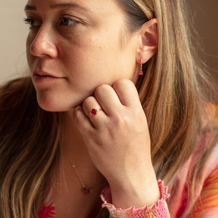 Solid Gold July Capsule Ruby Charm Huggie Hoops