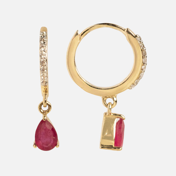 Solid Gold July Capsule Ruby Charm Huggie Hoops