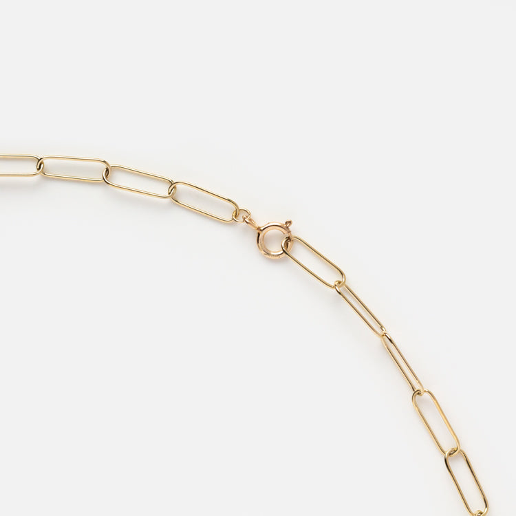 Close-up of the Solid Gold Paperclip Chain Necklace, featuring elongated oval links and a spring ring clasp, shown on a plain white background.