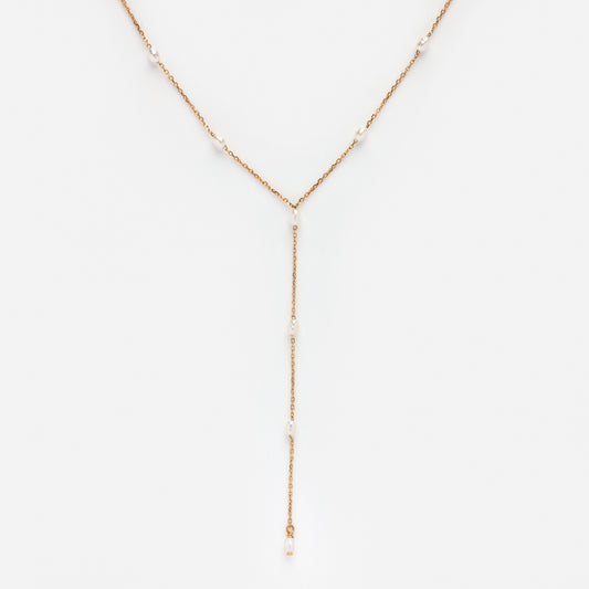 Solid Gold Pearl Lariat Necklace