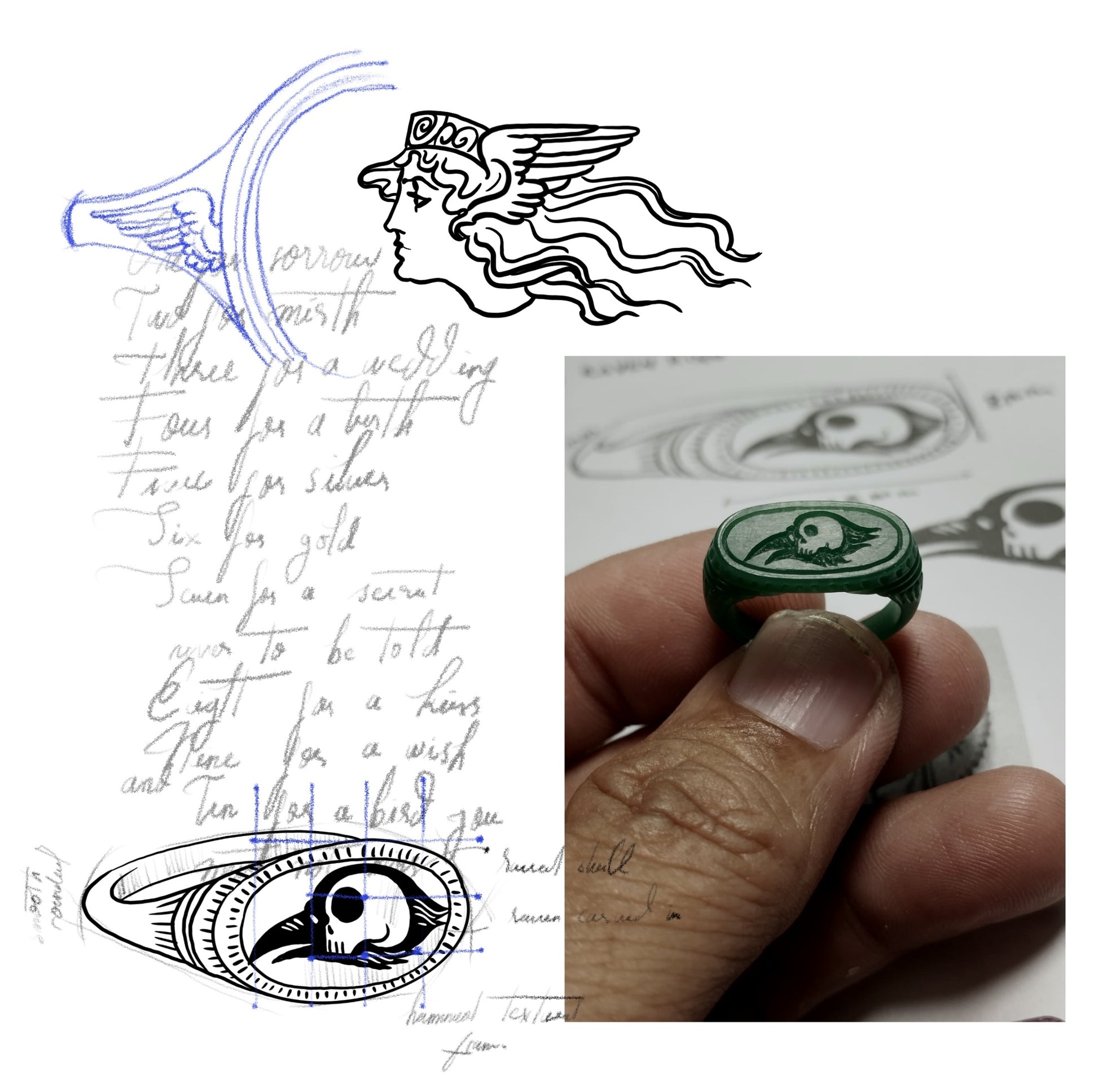 A collage features sketches of a winged head, handwritten notes, and a hand wearing the Seer Signet Ring—18k yellow gold vermeil with a skull engraving and blue sapphire—set against the ring’s design sketch in the background.