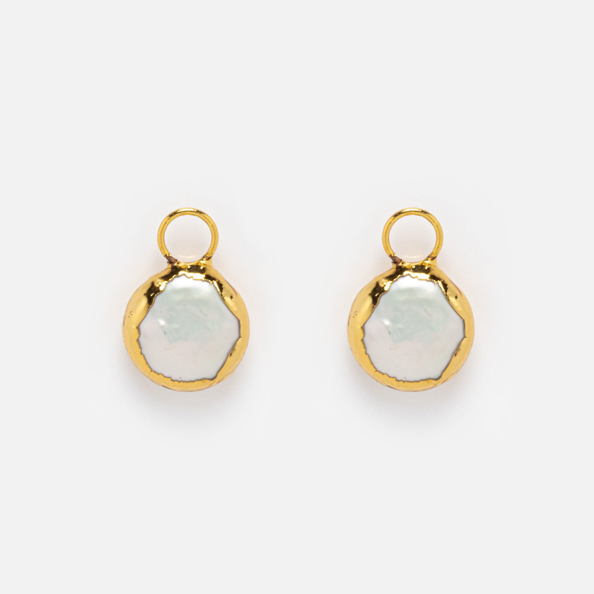 Two small round Earring Charms, 14k yellow gold plated with white iridescent pearl-like centers and loops for attaching to jewelry, shown on a plain white background.