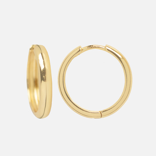 Two Classic Small Hoops are displayed on a plain white background—one upright and one flat—highlighting their polished design. These timeless earrings make versatile, elegant jewelry for any occasion.