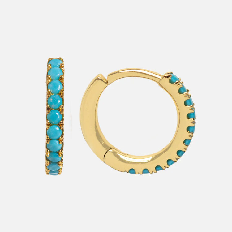 Huggies for Earring Charms: 14k gold plated hoop earrings with a row of small turquoise stones along the outer edge, shown from side and front views on a plain white background—ideal for adding earring charms.