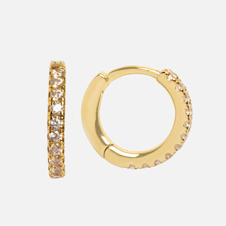 Huggies for Earring Charms: 14k gold plated huggies with a row of clear, sparkling gemstones along the front edge, perfect for adding charms. Shown on a plain white background.