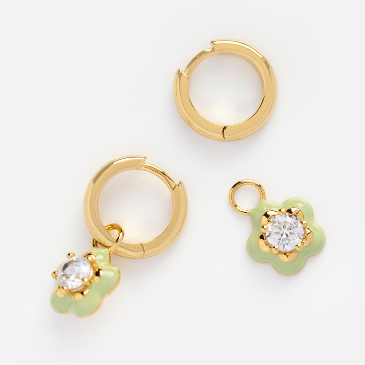 Funky Floral Green Enamel Charm Huggies