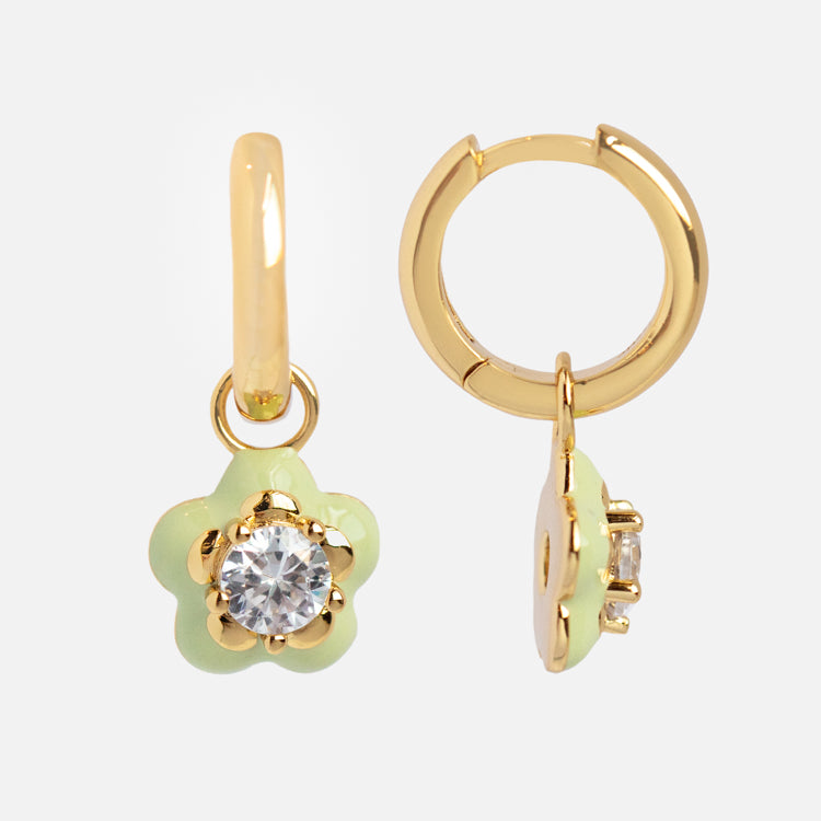Funky Floral Green Enamel Charm Huggies