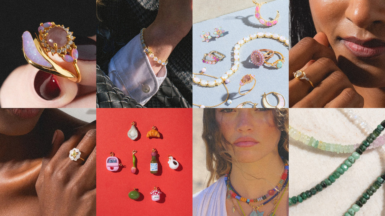Collage of various jewelry pieces including rings, earrings, and necklaces.