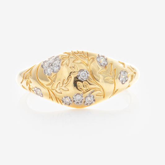 The Solid Gold Floral Etched Diamond Pinky Ring features an engraved floral pattern with sparkling lab-grown diamonds, shown on a white background.