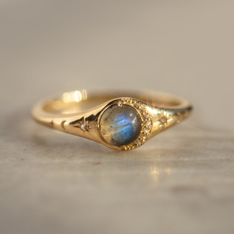 Solid Gold Lunar Labradorite Signet Ring