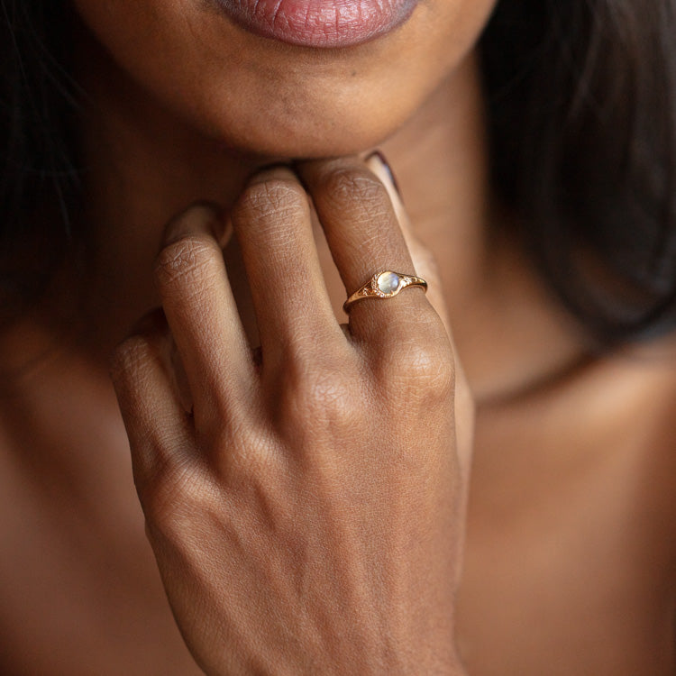 Solid Gold Lunar Labradorite Signet Ring